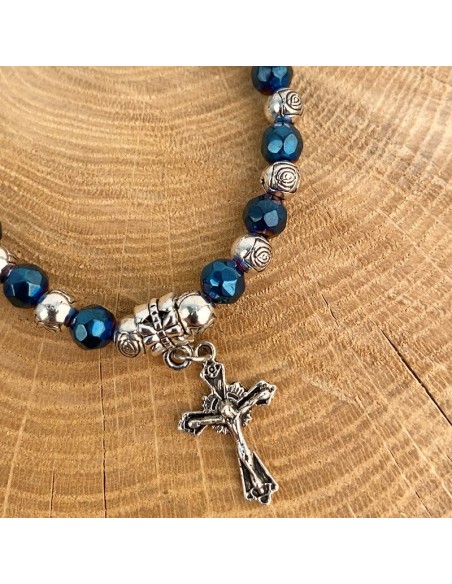 One decade rosary bracelet elastic, in 925 silver blue crystal