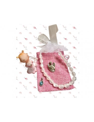 Roze-witte baby bijt ketting cadeauzakje