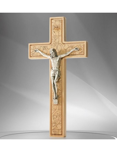 Wooden cross carved with flowers and Christ - 16 cm