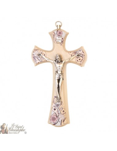 Flowered wooden cross with Christ - 15 cm