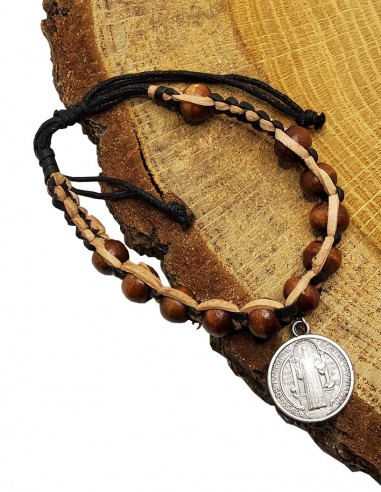 Bracelet dizaine bois et cuir brun avec médaille Saint benoît