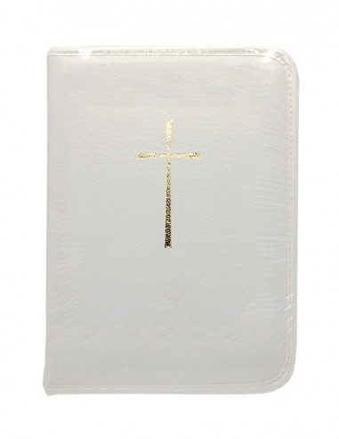 Funda de Biblia de cuero blanco con cruz dorada - Formato pequeño