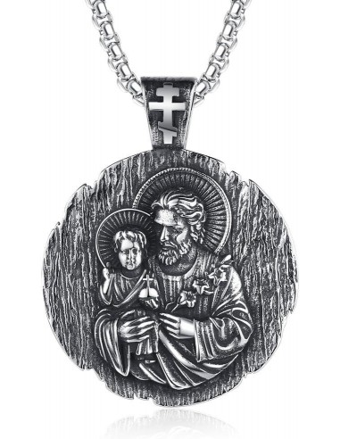 Large Saint Joseph medal in stainless steel with chain – Diameter 44 mm