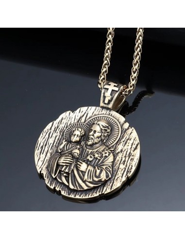 Medaglia di San Giuseppe in acciaio inox con catena placcata in oro 18 K - 44 mm