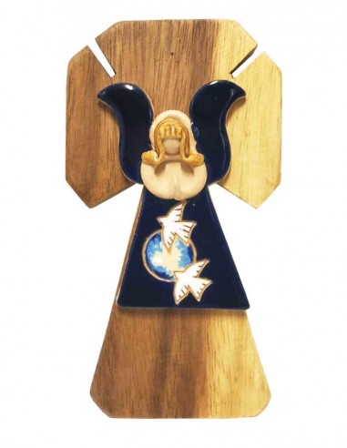 Wooden cross with glazed ceramic, praying angel and doves