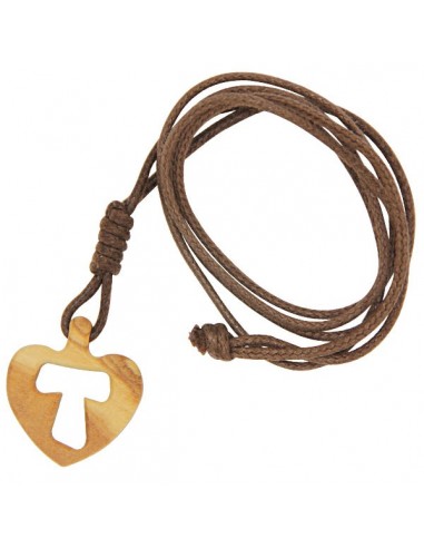 Collier pendentif cœur croix Tau en bois d'olivier