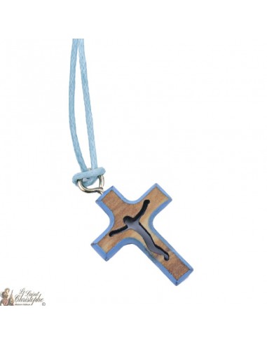 Halskette mit Olivenholzkreuz - blau