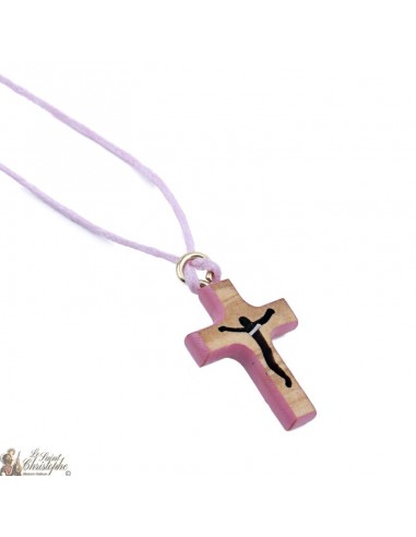 Olive wood cross with cord - pink